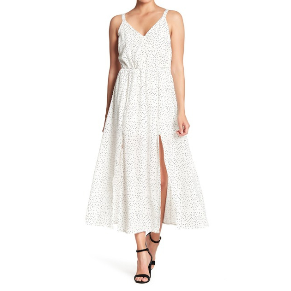 Mello Day White Black Polka Dot Midi Dress Sz M Slits Coastal Boho Cottage Fairy